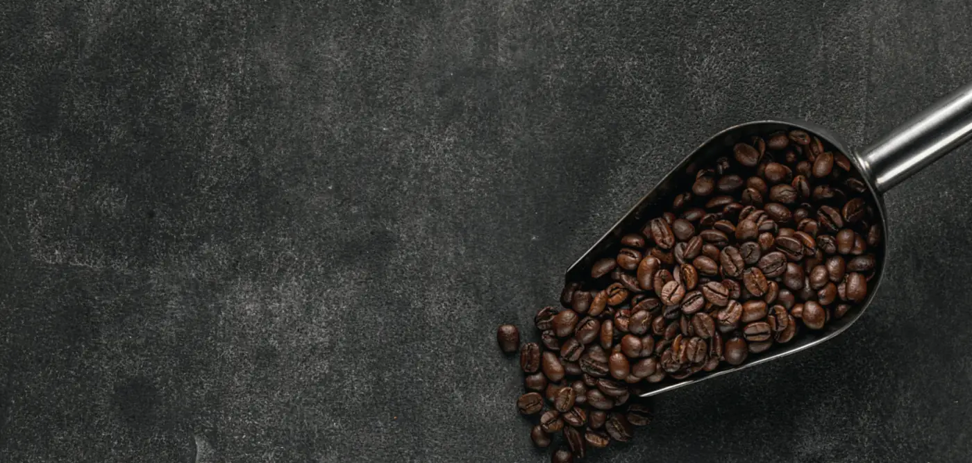 A metal scoop of roasted coffee beans on dark slate