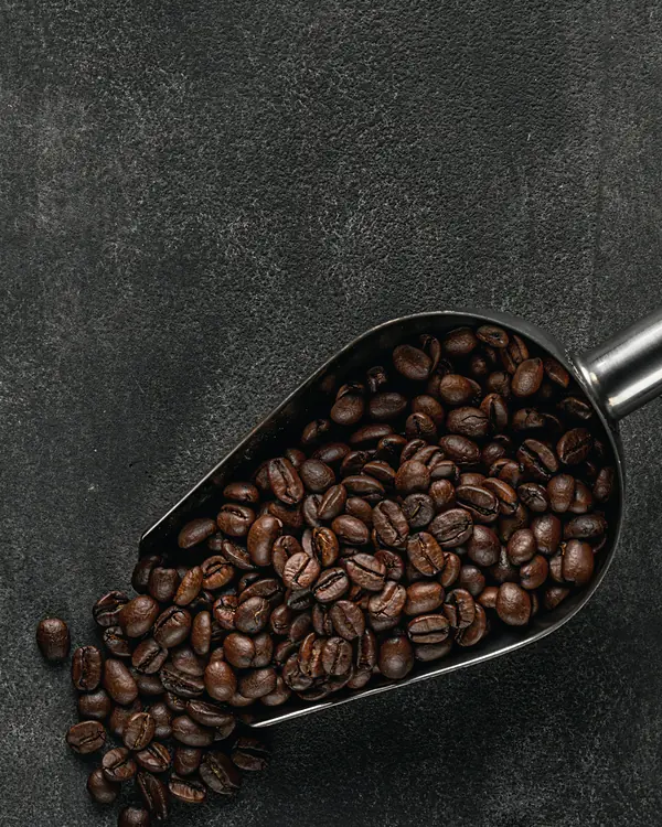 A metal scoop of roasted coffee beans on dark slate