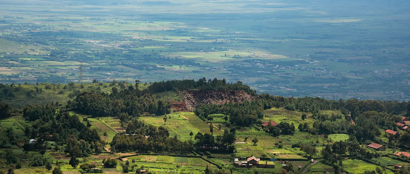 The Great Rift Valley seen from the escarpment, with farms and hills below